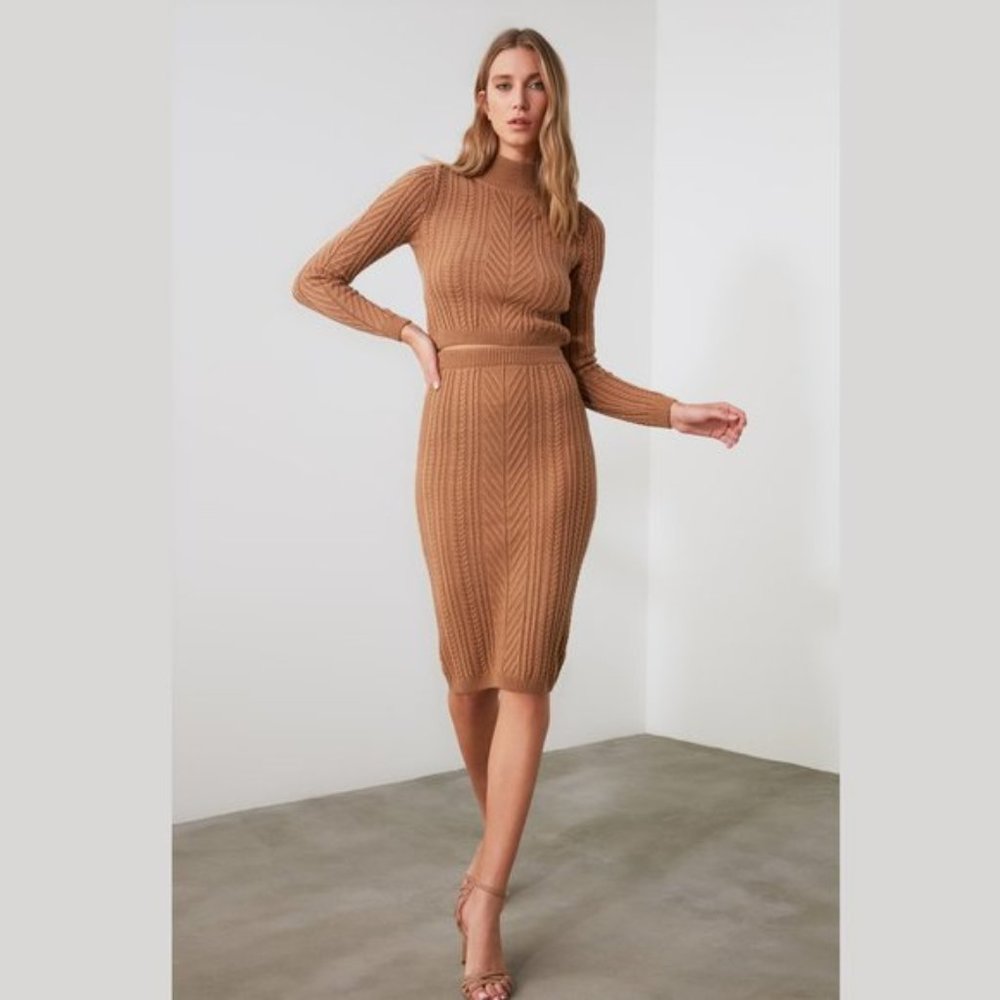 2 Piece Tan Knitwear Crew Neck Sweater Skirt Set - Picture 1 of 11